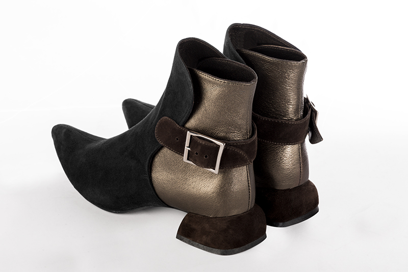 Matt black, bronze gold and dark brown women's ankle boots with buckles at the back. Tapered toe. Low flare heels. Rear view - Florence KOOIJMAN
